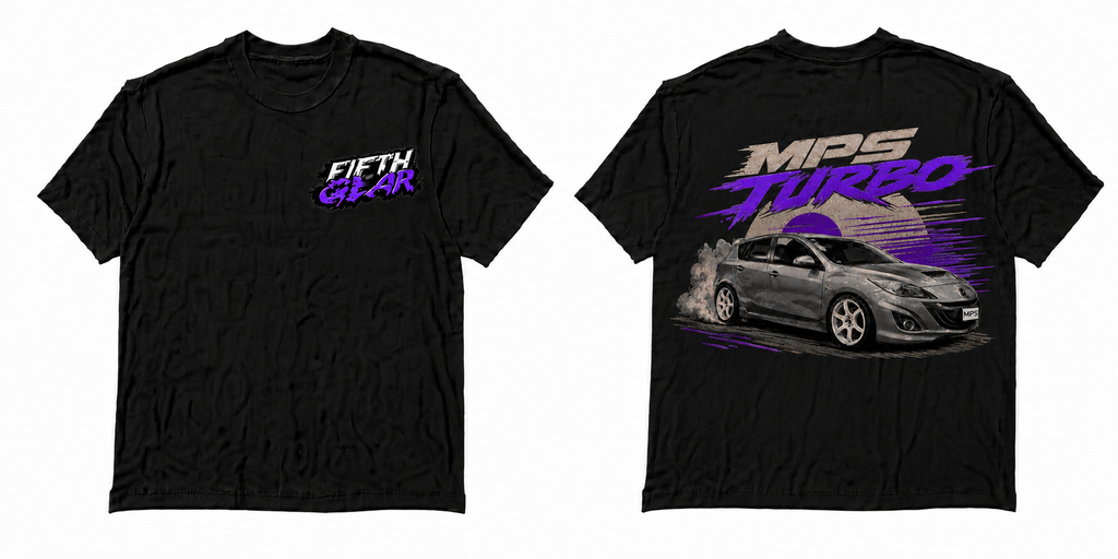 Fifth Gear Mazda 3 MPS Turbo Purple Tee - Black colorway front and back