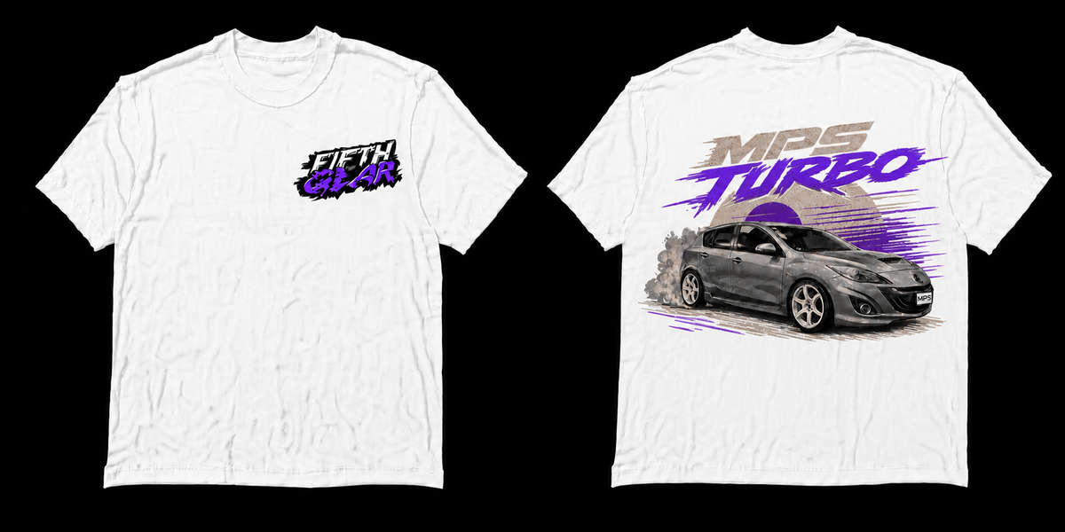 Fifth Gear Mazda 3 MPS Turbo Purple Tee - White colorway front and back