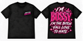 Black Fifth Gear tee with chest logo and pink I'm Bossy crown back print