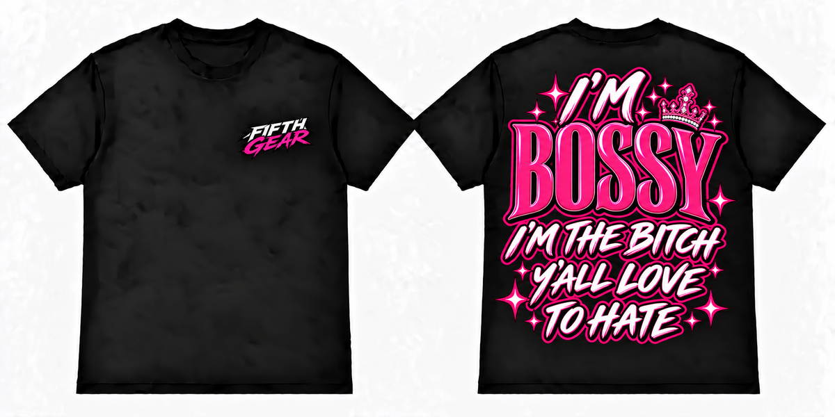 Black Fifth Gear tee with chest logo and pink I'm Bossy crown back print