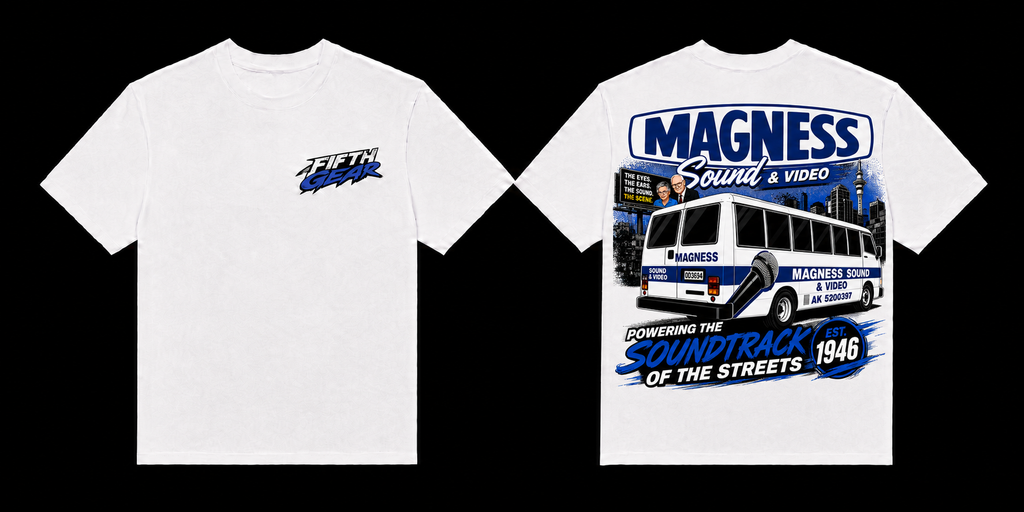 Fifth Gear x Magness Sound & Video Tee - White colorway front and back