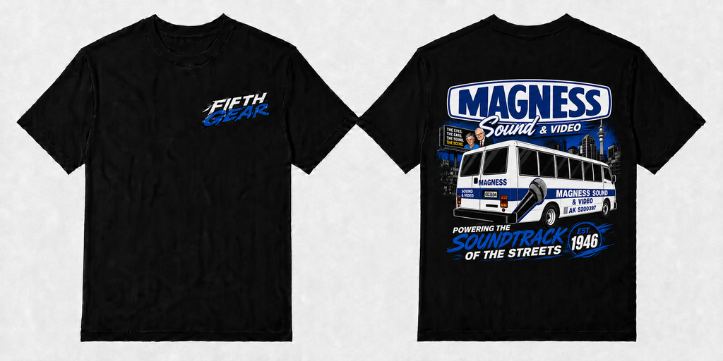 Fifth Gear x Magness Sound & Video Tee - Black colorway front and back