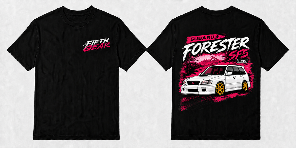 Fifth Gear Subaru Forester SF5 STi Tee - Black colorway front and back