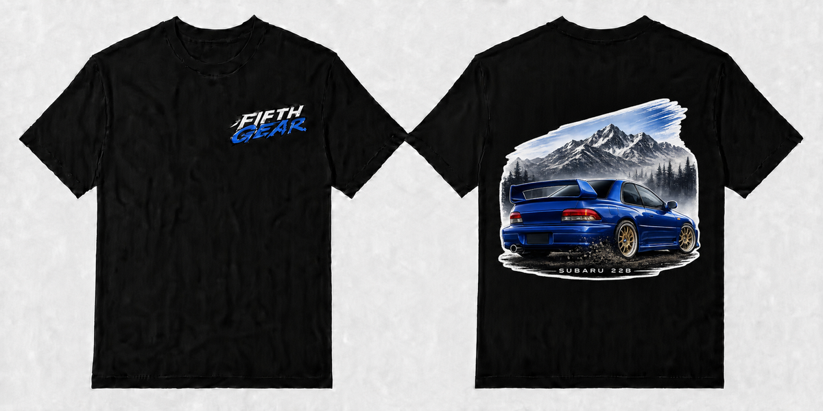 Fifth Gear Subaru 22B Mountain Legend Tee - Black colorway front and back