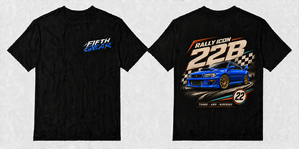 Fifth Gear Subaru 22B STi Rally Icon Tee - Black colorway front and back