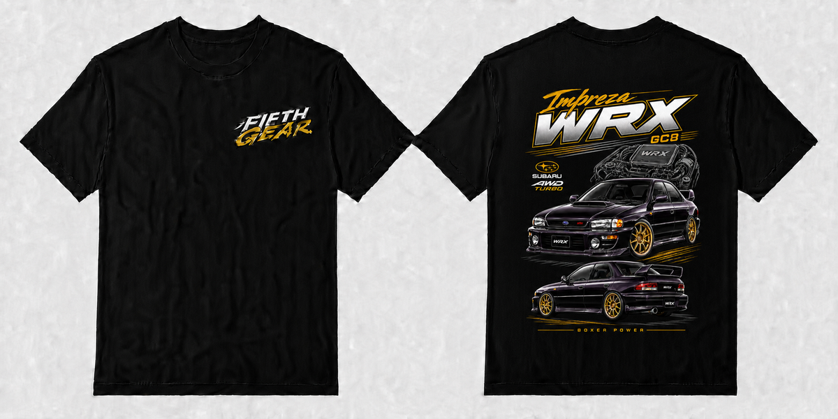 Fifth Gear Subaru GC8 Impreza WRX Boxer Power Tee - Black colorway front and back