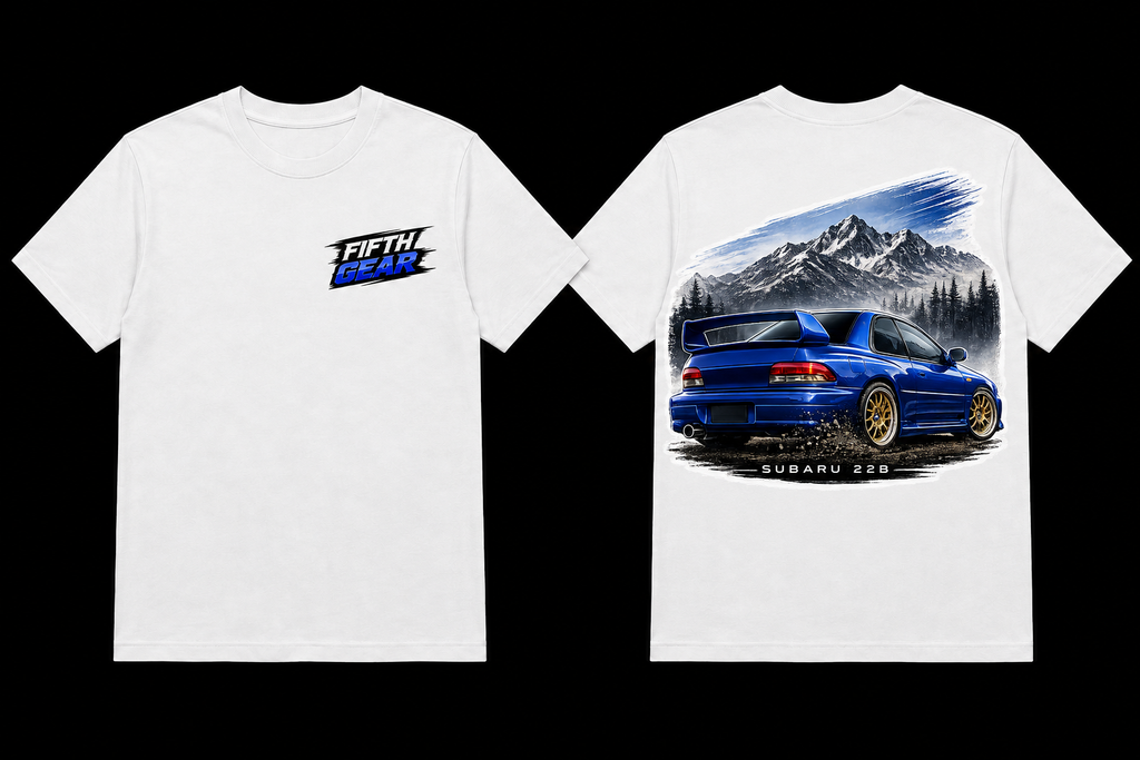 Fifth Gear Subaru 22B Mountain Legend Tee - White colorway front and back