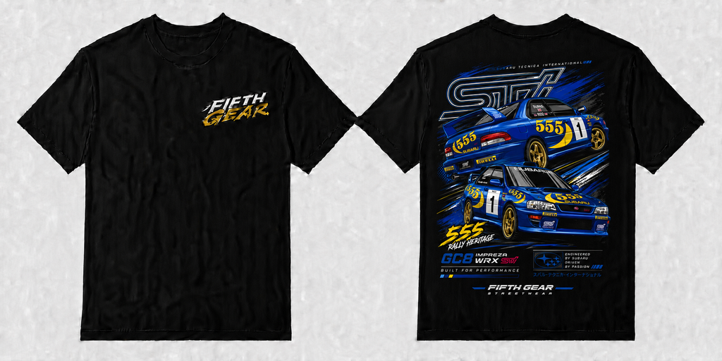 Fifth Gear Subaru GC8 WRX STi 555 Rally Heritage Tee - Black colorway front and back