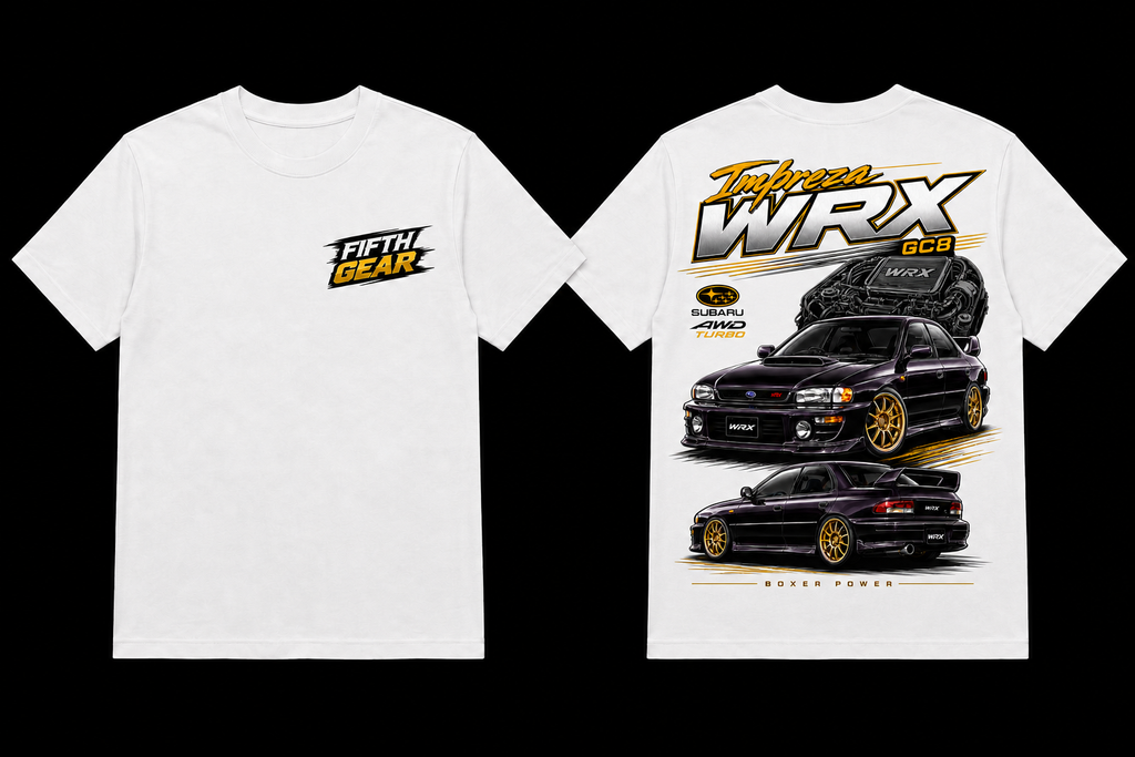 Fifth Gear Subaru GC8 Impreza WRX Boxer Power Tee - White colorway front and back