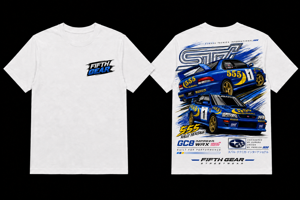 Fifth Gear Subaru GC8 WRX STi 555 Rally Heritage Tee - White colorway front and back