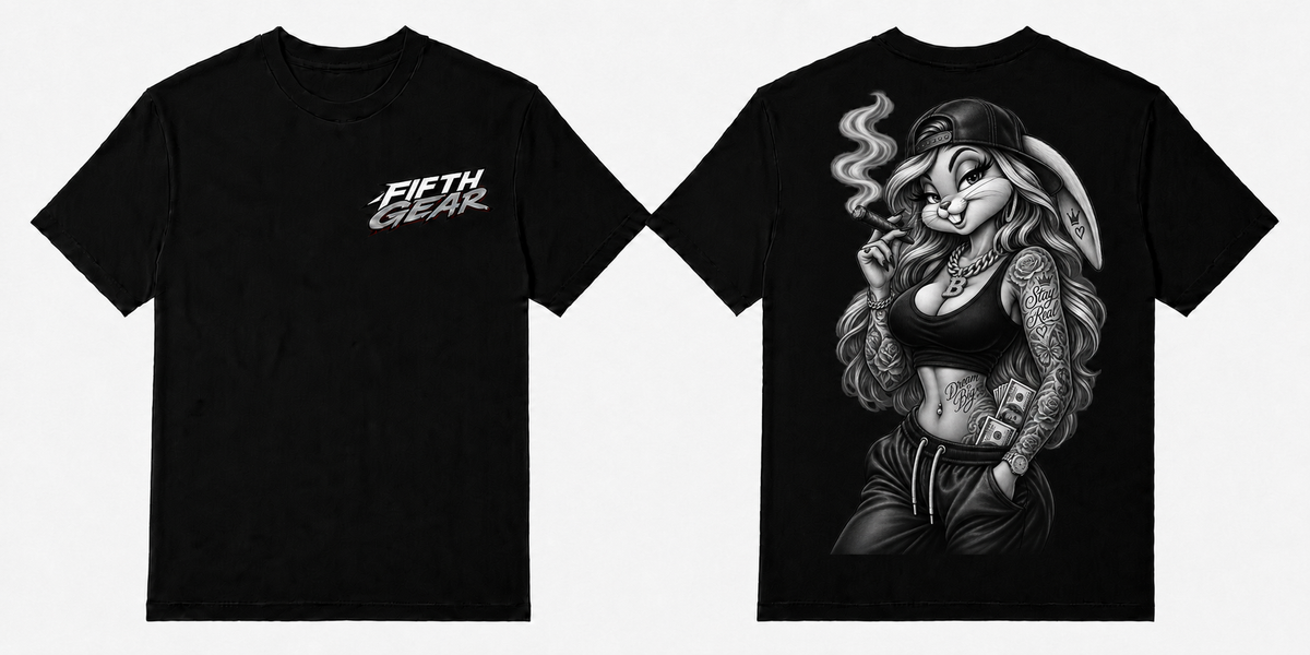 Fifth Gear Stay Real Bunny Tee - Black colorway front and back