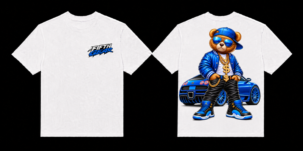 Fifth Gear Rich Bear Tee - White colorway front and back