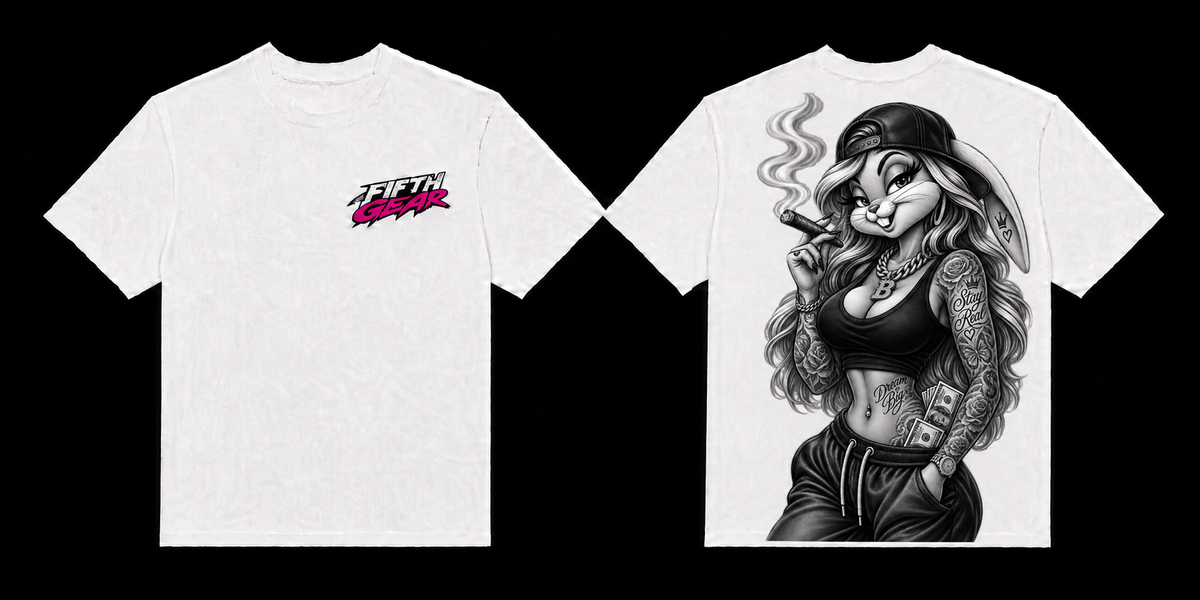 Fifth Gear Stay Real Bunny Tee - White colorway front and back
