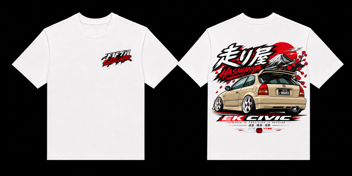 Fifth Gear Honda EK Civic Hashiriya Tee - White colorway front and back