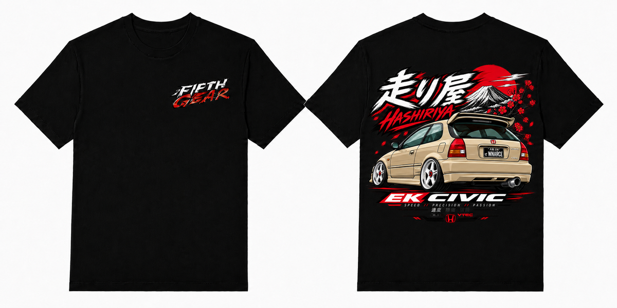 Fifth Gear Honda EK Civic Hashiriya Tee - Black colorway front and back