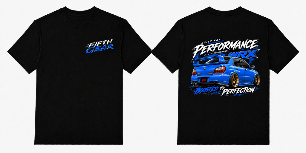 Fifth Gear Subaru WRX Boosted to Perfection Tee - Black colorway front and back