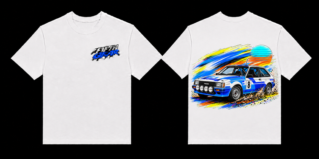 Fifth Gear Mazda 323 Rally Tee - White colorway front and back