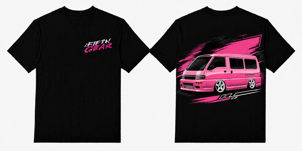 Mitsubishi L300 ILS Pink Van - Black Tee front and back