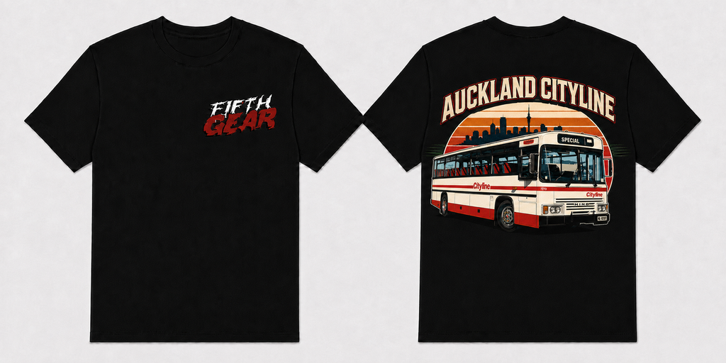 Fifth Gear Auckland Cityline Bus Tee - Black colorway front and back