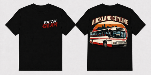 Fifth Gear Auckland Cityline Bus Tee - Black colorway front and back