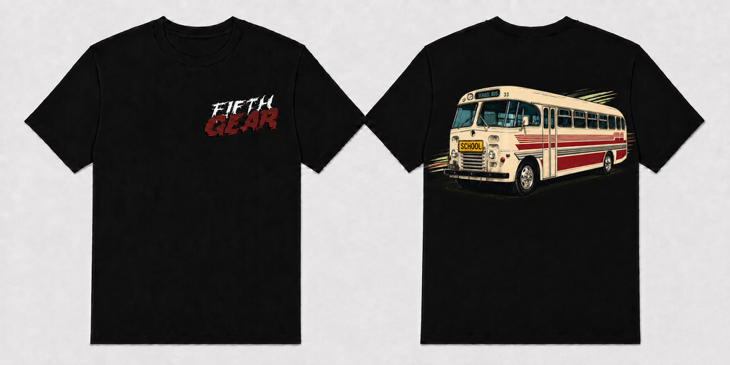 Fifth Gear NZ Vintage School Bus Tee - Black colorway front and back