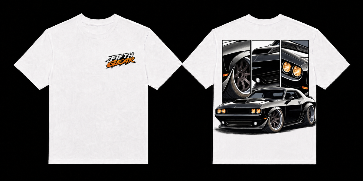 Fifth Gear Dodge Challenger Wide Body Tee - White colorway front and back