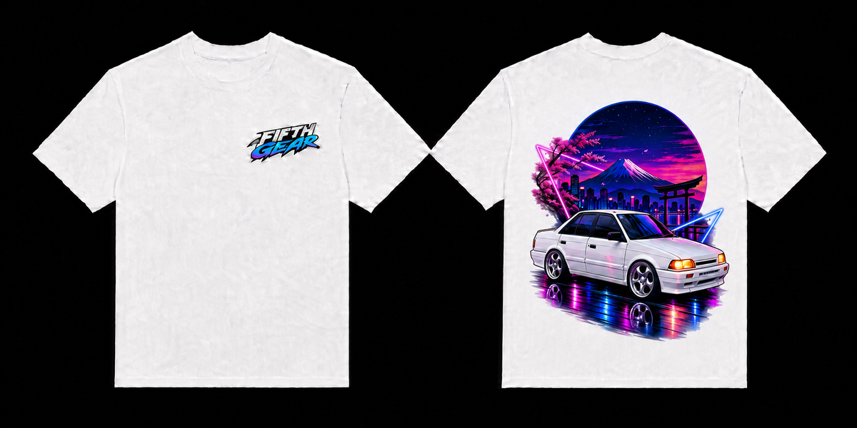 Fifth Gear Mazda 323 Synthwave Tee - White colorway front and back