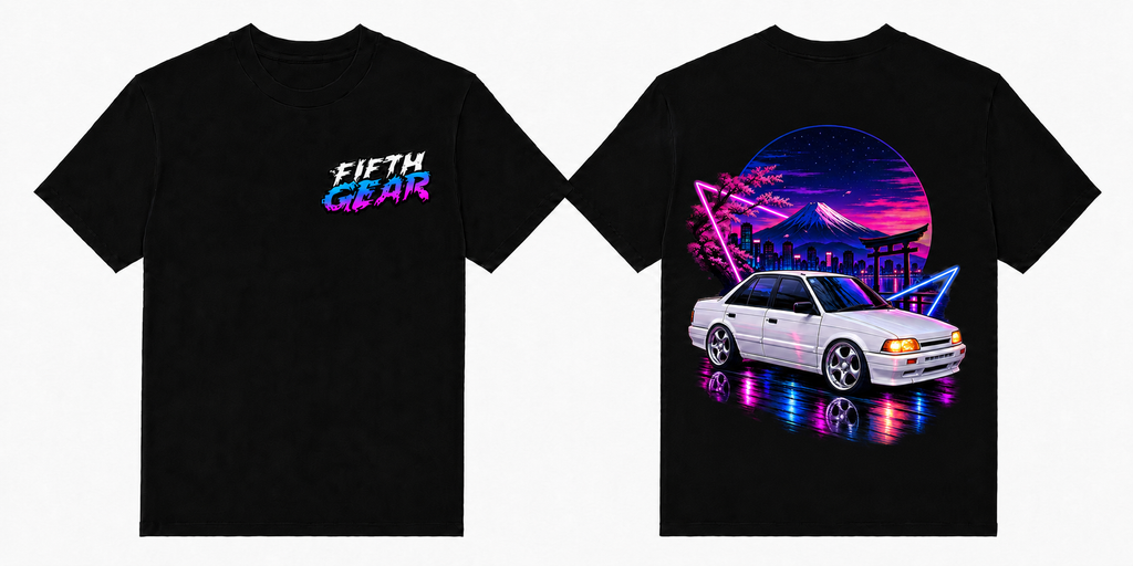 Fifth Gear Mazda 323 Synthwave Tee - Black colorway front and back