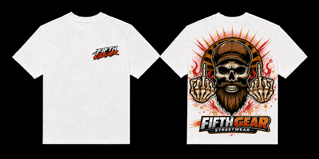 Fifth Gear Skull Double Birds - White Tee front and back