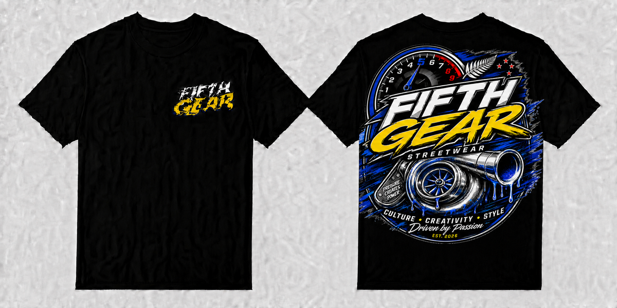 Fifth Gear Turbo Pressure Creates Power - Black Tee front and back