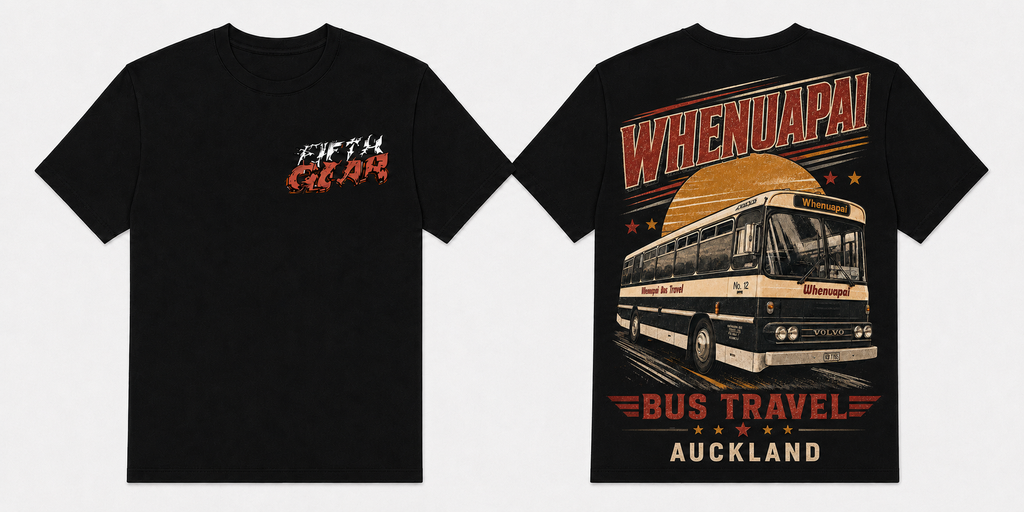 Fifth Gear Whenuapai Bus Travel Tee - Black colorway front and back