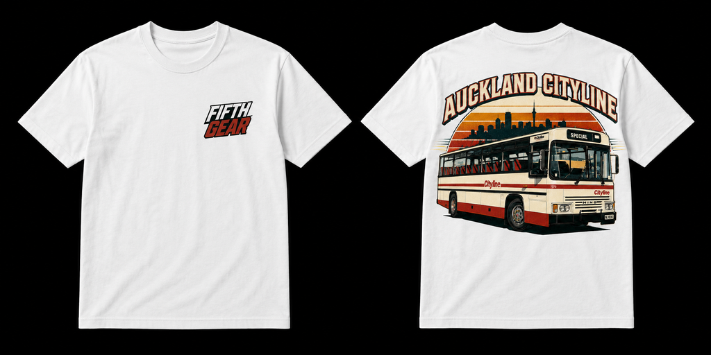 Fifth Gear Auckland Cityline Bus Tee - White colorway front and back