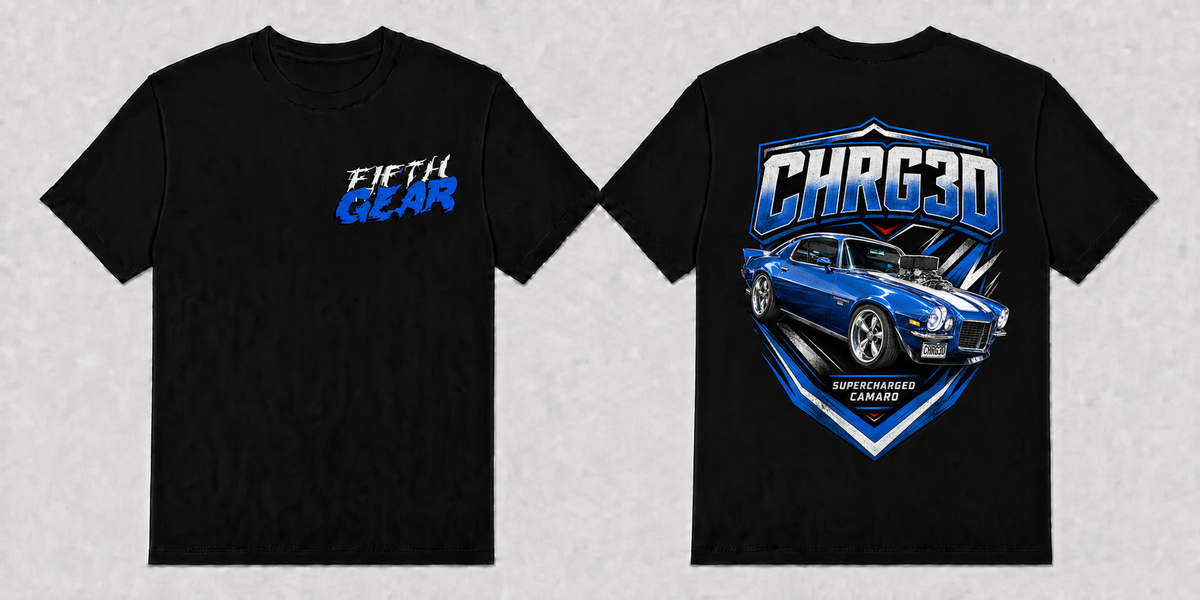 Fifth Gear CHRG3D Supercharged Camaro Tee - Black colorway front and back
