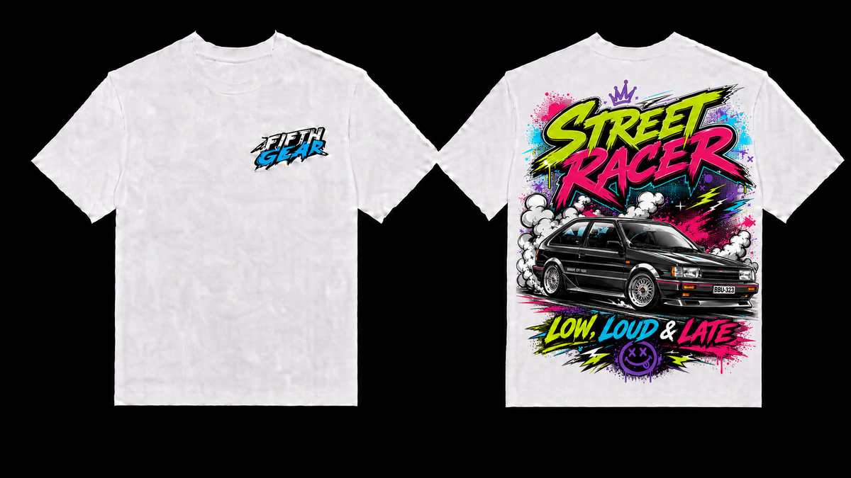 Fifth Gear Mazda 323 Low Loud & Late Tee - White Street Racer colorway front and back
