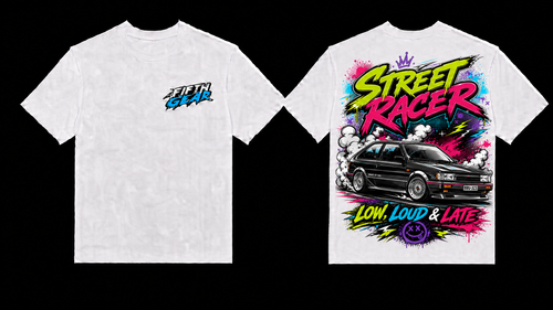 Fifth Gear Mazda 323 Low Loud & Late Tee - White Street Racer colorway front and back