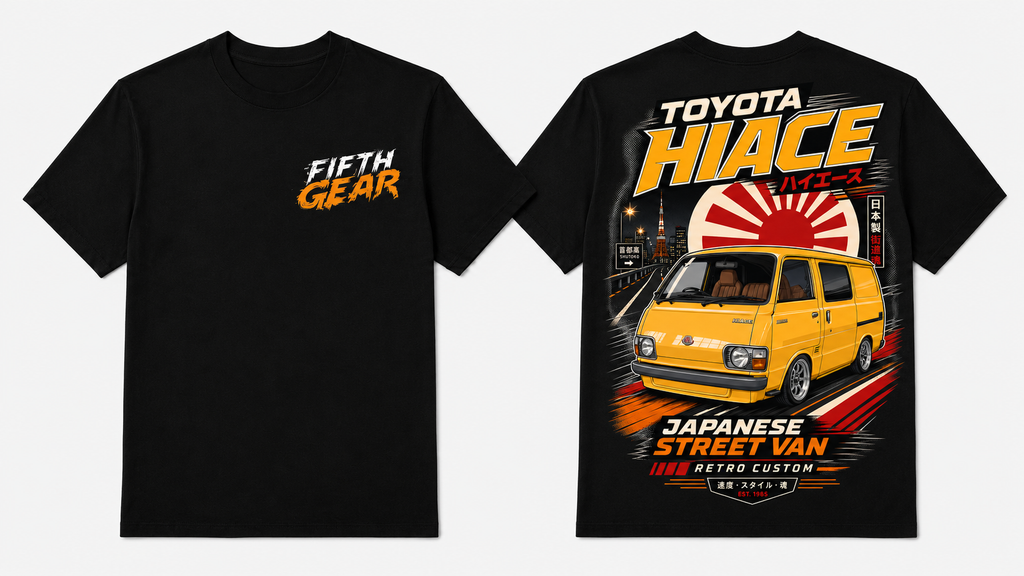Fifth Gear Toyota HiAce Japanese Street Van Tee - Black colorway front and back