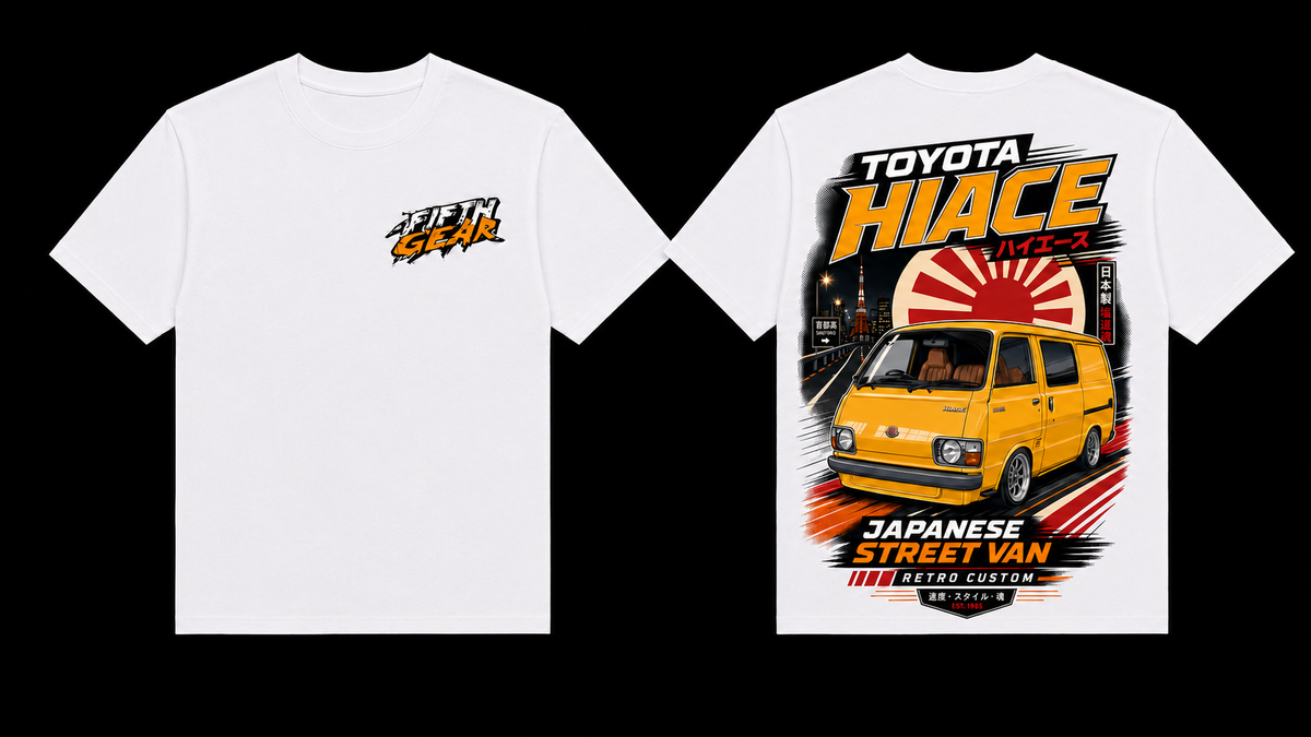 Fifth Gear Toyota HiAce Japanese Street Van Tee - White colorway front and back