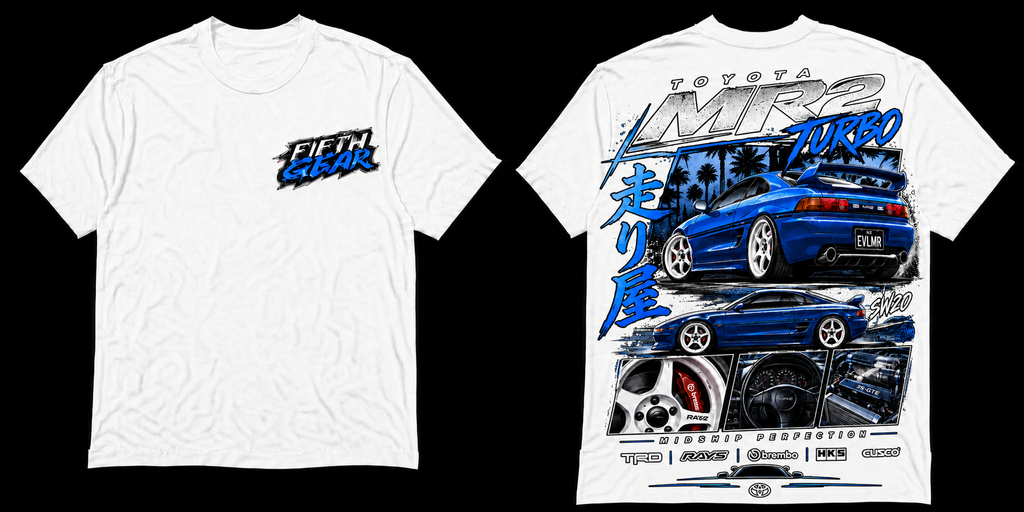 Fifth Gear Toyota MR2 Turbo Tee - White colorway front and back