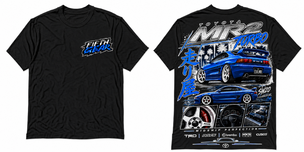 Fifth Gear Toyota MR2 Turbo Tee - Black colorway front and back
