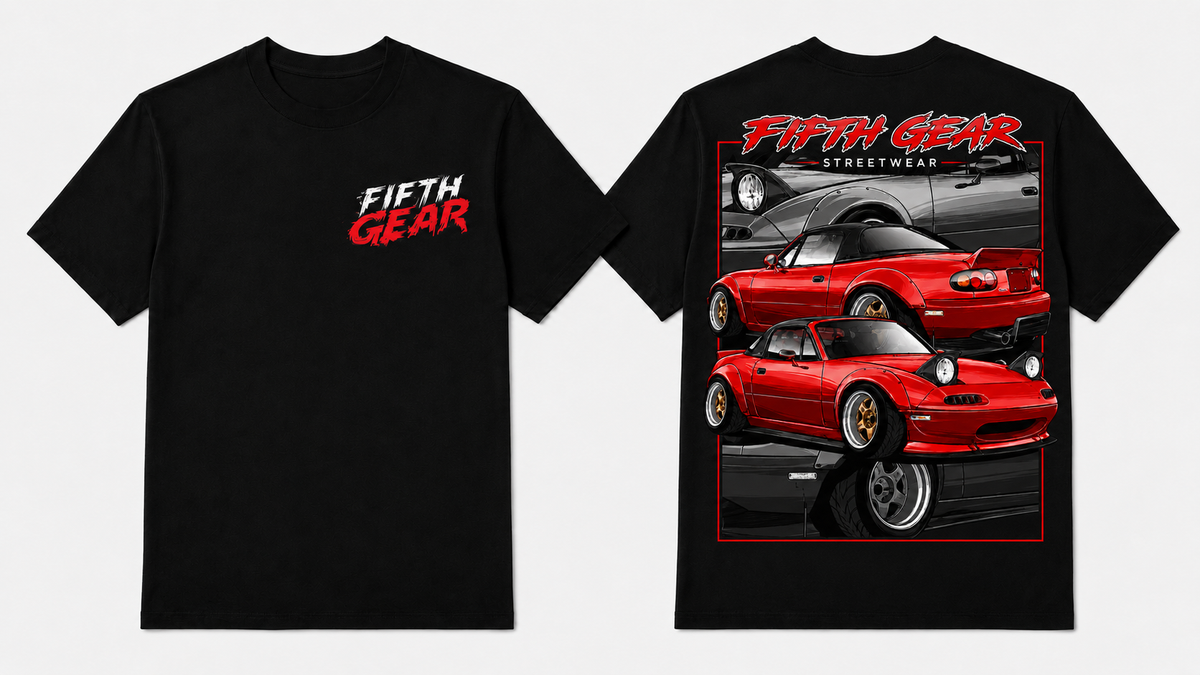 Fifth Gear Mazda MX-5 NA Miata Tee - Black colorway front and back