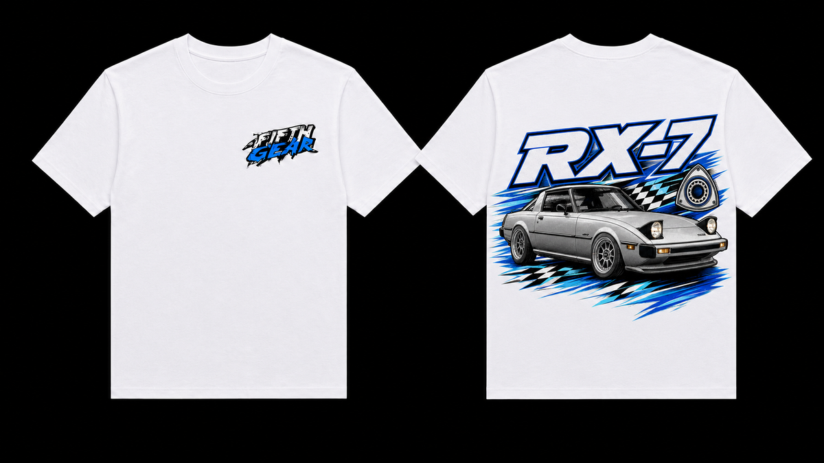Fifth Gear Mazda RX-7 SA22C Tee - White colorway front and back