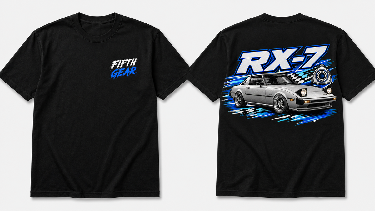 Fifth Gear Mazda RX-7 SA22C Tee - Black colorway front and back