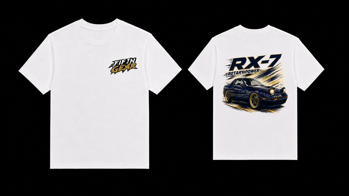 Fifth Gear Mazda RX-7 FC Rotary Power Tee - White colorway front and back