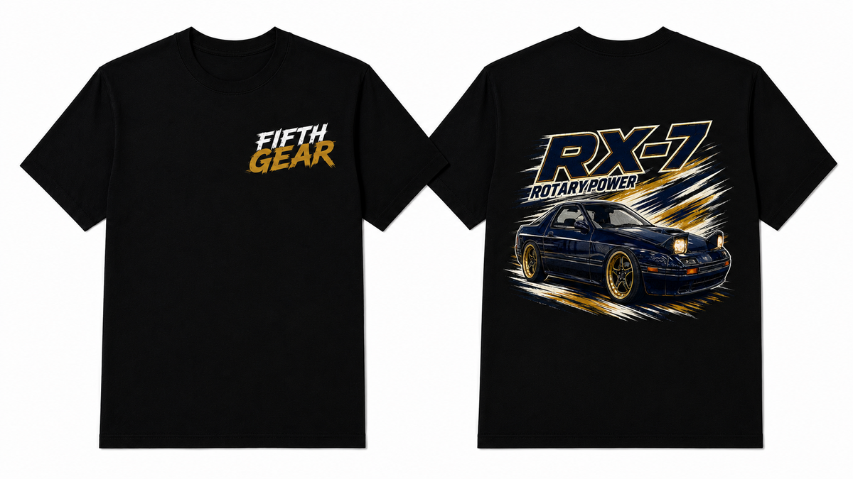 Fifth Gear Mazda RX-7 FC Rotary Power Tee - Black colorway front and back