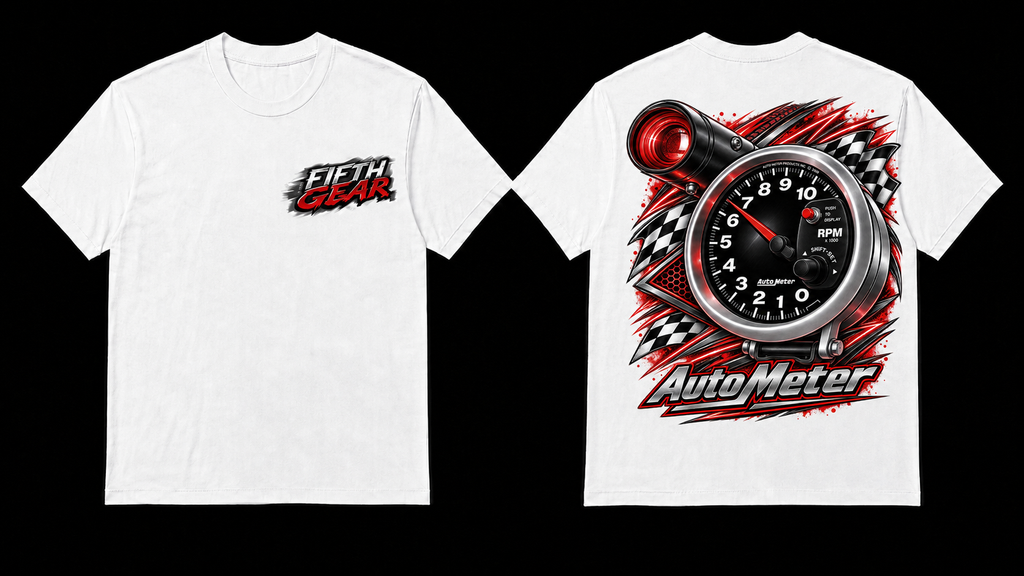 Fifth Gear Tachometer Tee - White colorway front and back