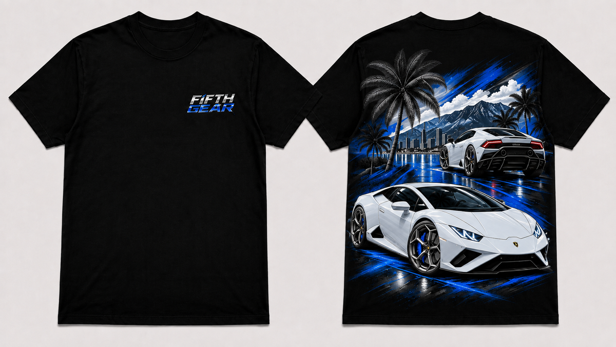 Fifth Gear Lamborghini Huracán Tee - White colorway front and back