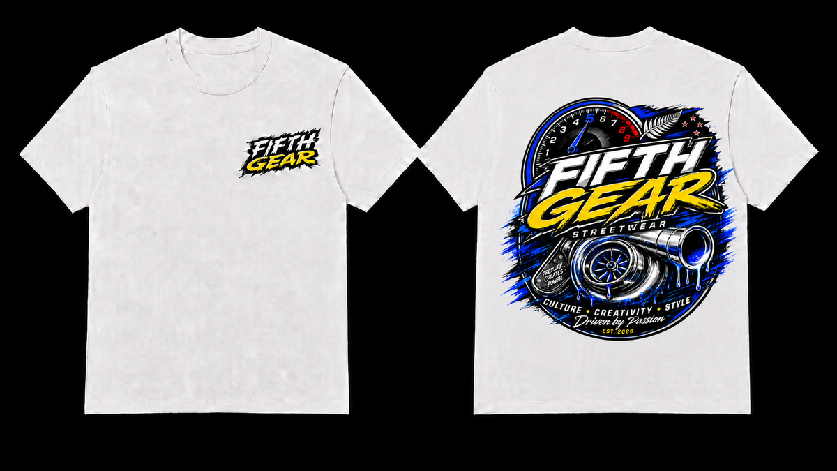 Fifth Gear Turbo Pressure Creates Power - White Tee front and back