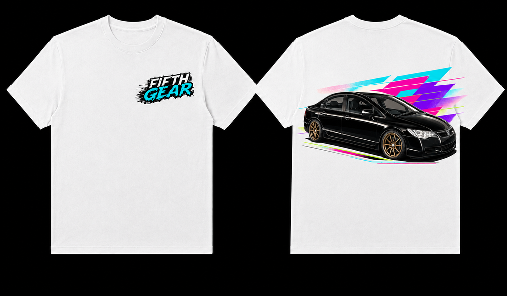 Fifth Gear Honda Civic FD Neon Tee - White colorway front and back