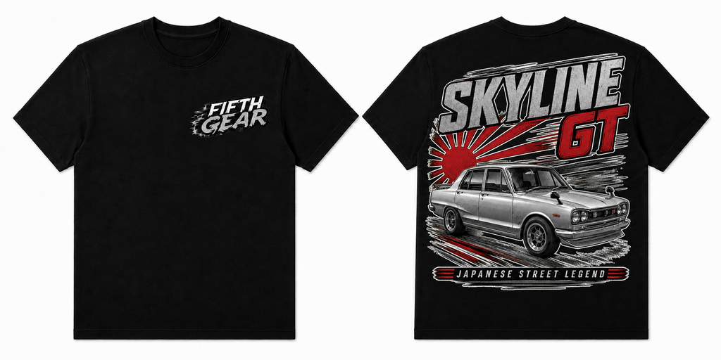 Fifth Gear Nissan Skyline GT Japanese Street Legend Tee - Black colorway front and back