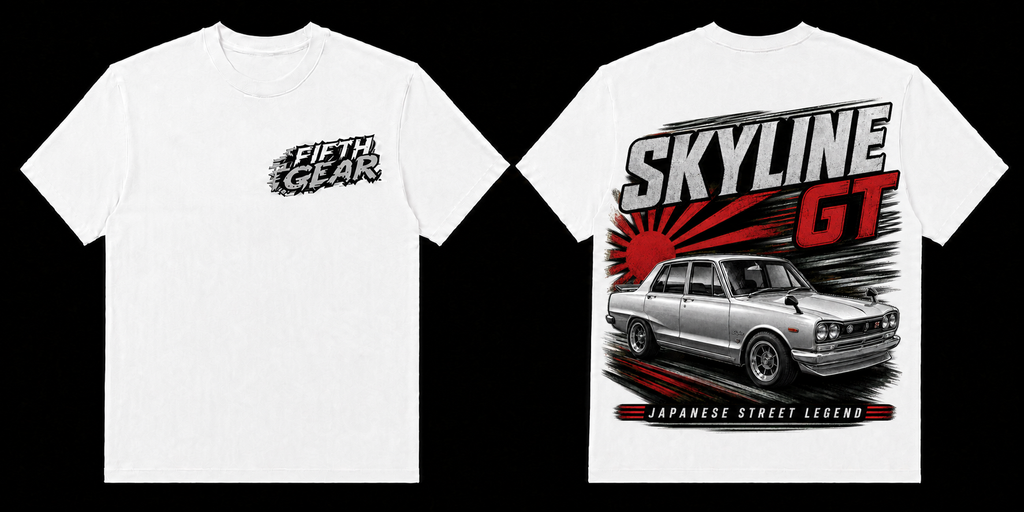 Fifth Gear Nissan Skyline GT Japanese Street Legend Tee - White colorway front and back